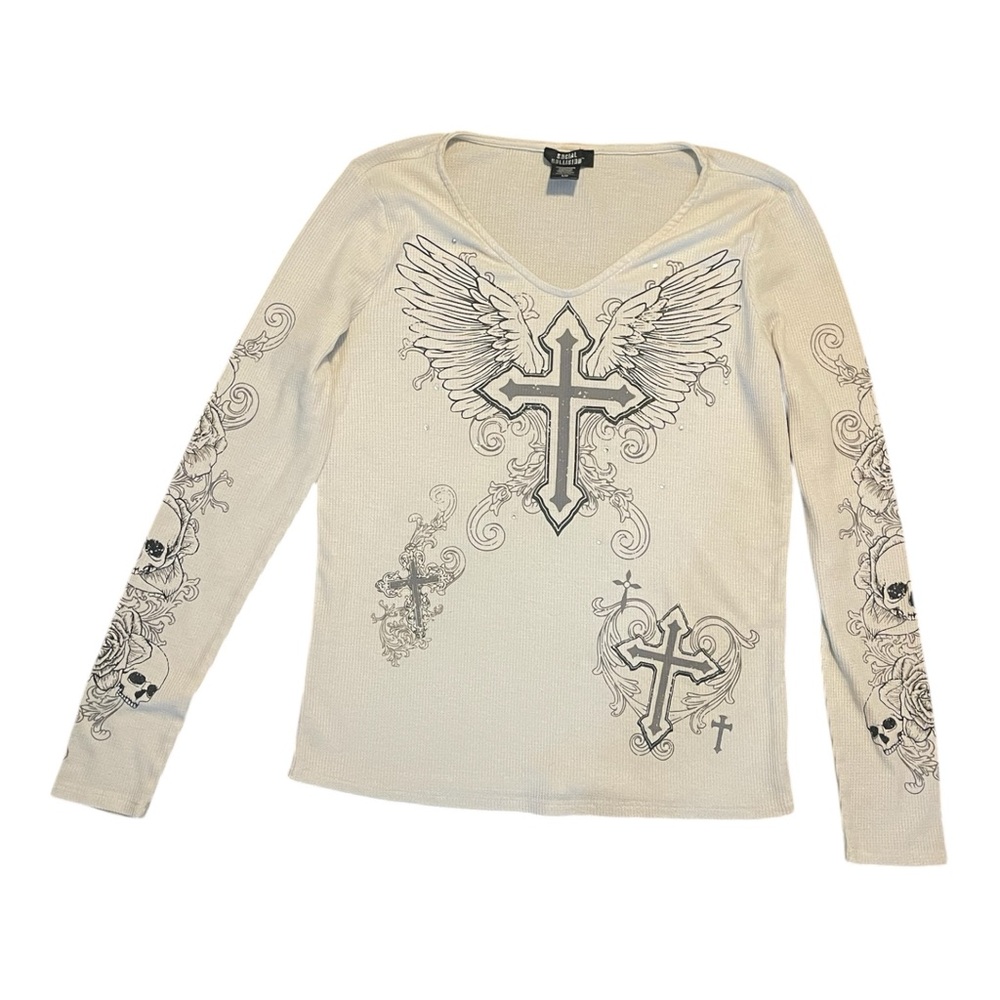 Hot Topic Social Collision Women’s Large Thermal Mineral Wash Cross V Neck Top